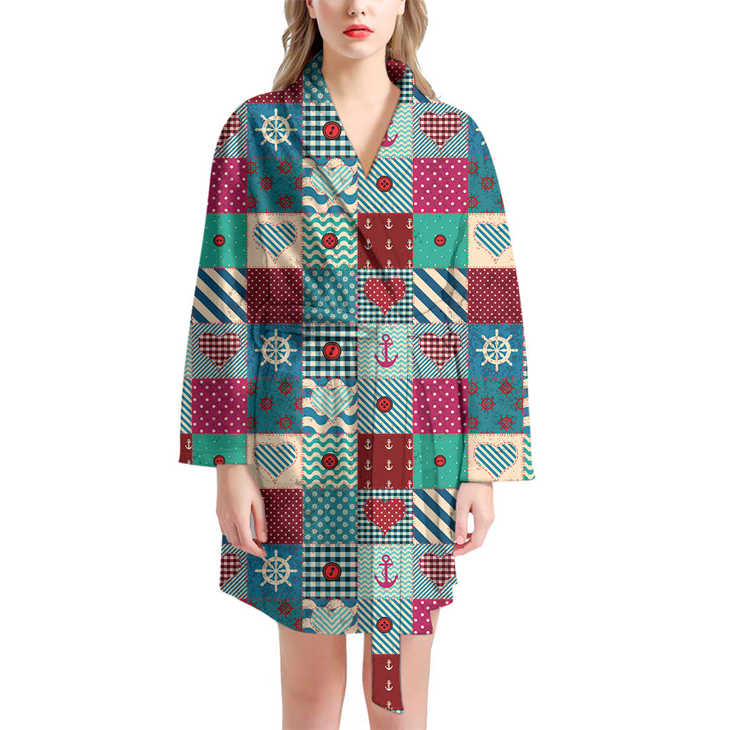 Retro Nautical Patchwork Pattern Print Women's Bathrobe