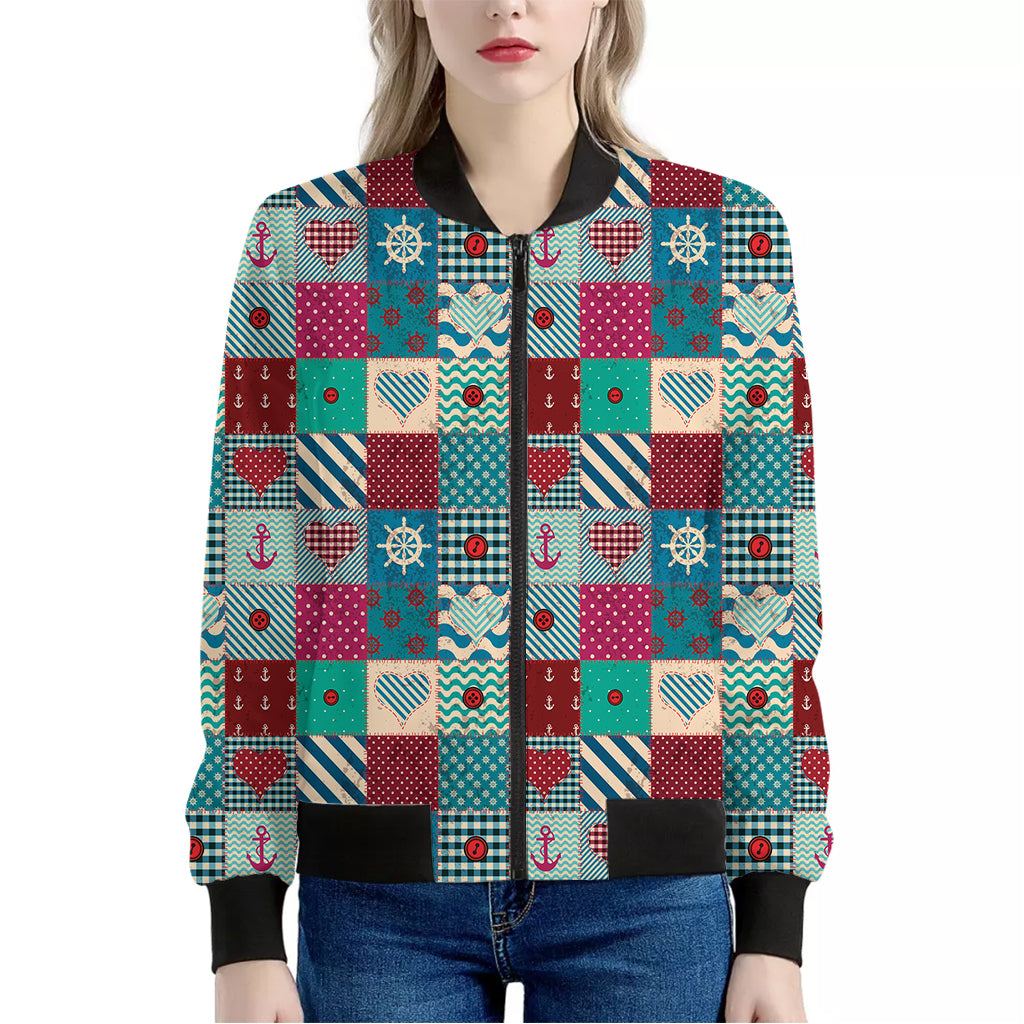 Retro Nautical Patchwork Pattern Print Women's Bomber Jacket