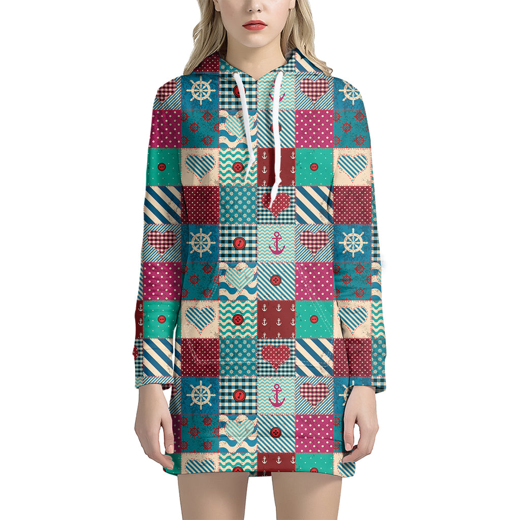 Retro Nautical Patchwork Pattern Print Women's Pullover Hoodie Dress