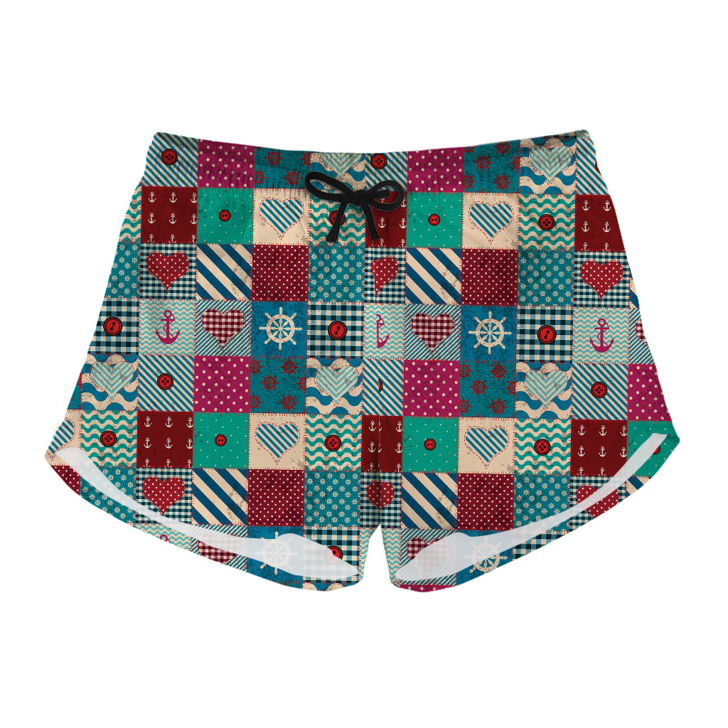 Retro Nautical Patchwork Pattern Print Women's Shorts