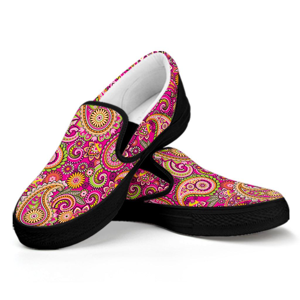 Retro Paisley Pattern Print Black Slip On Shoes