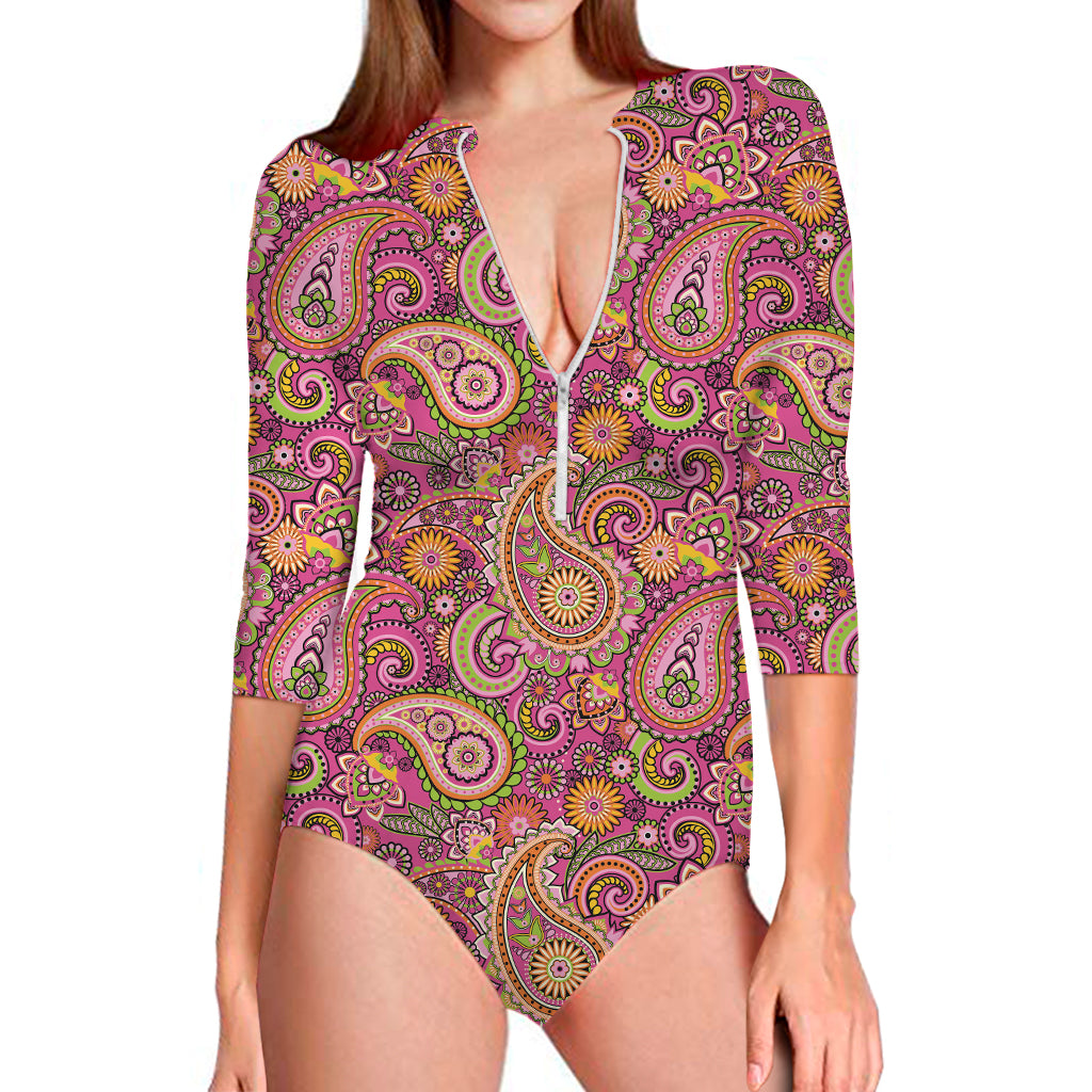 Retro Paisley Pattern Print Long Sleeve One Piece Swimsuit