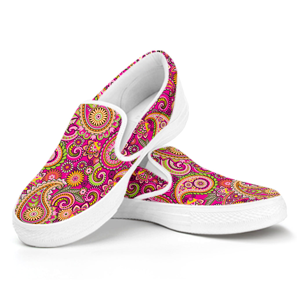 Retro Paisley Pattern Print White Slip On Shoes