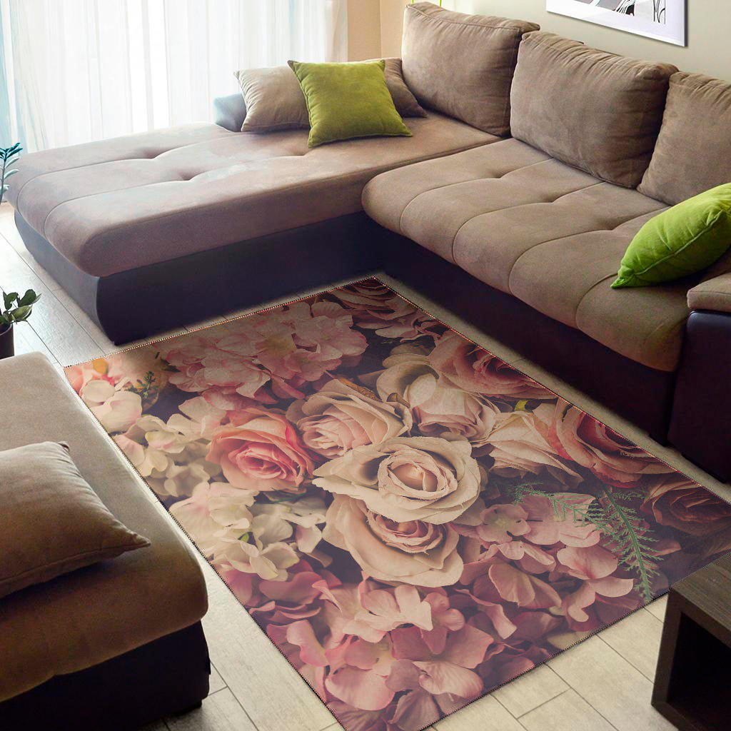 Retro Pink Roses Floral Print Area Rug