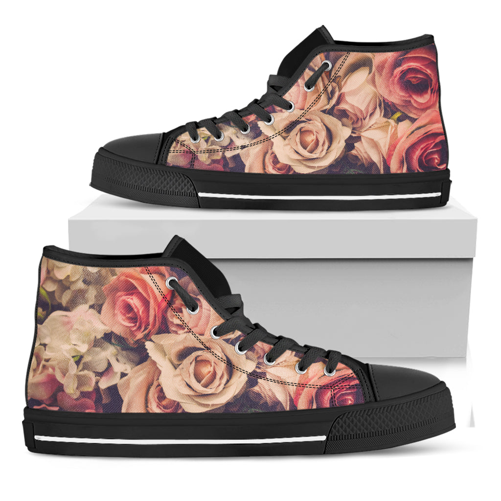 Retro Pink Roses Floral Print Black High Top Shoes