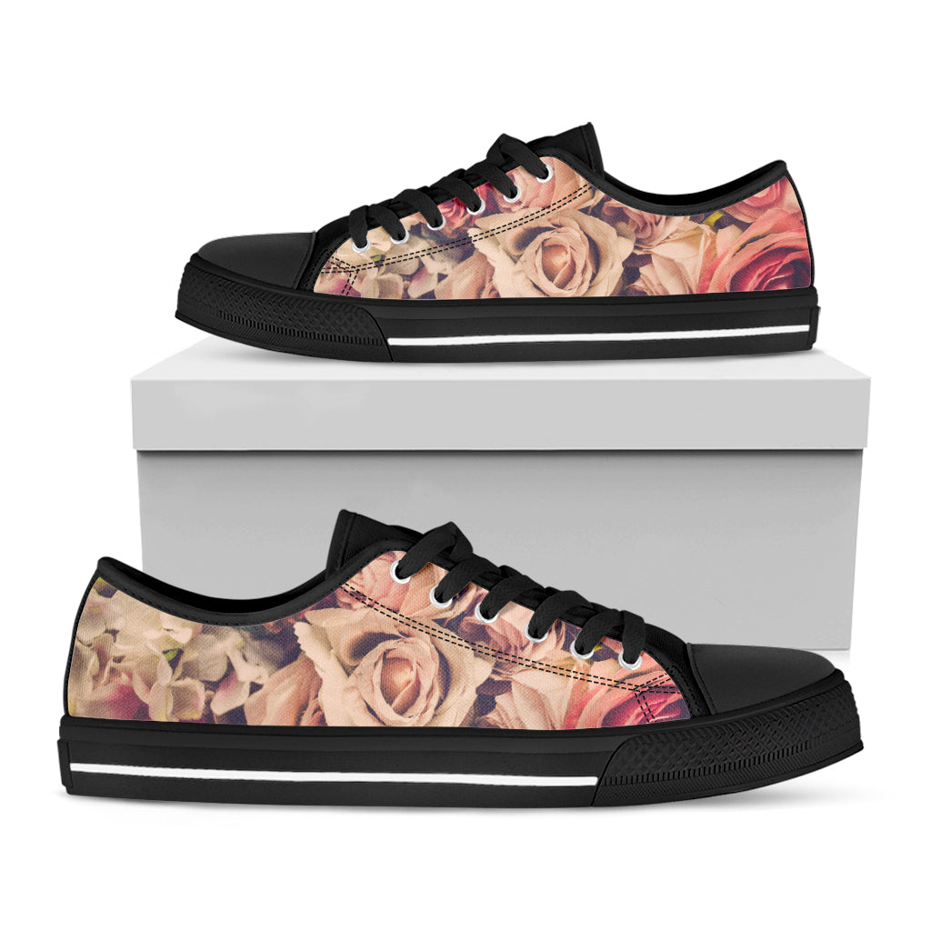 Retro Pink Roses Floral Print Black Low Top Shoes