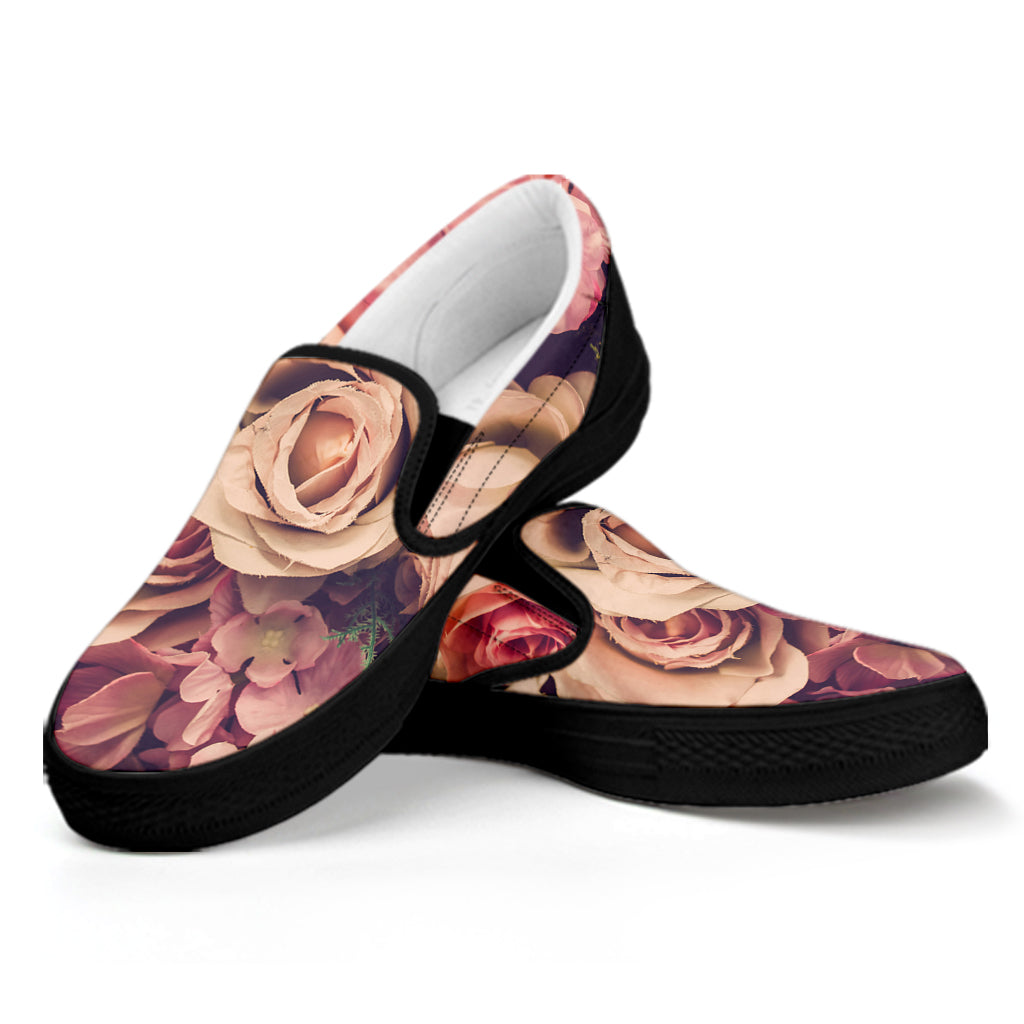 Retro Pink Roses Floral Print Black Slip On Shoes