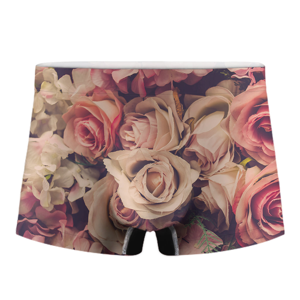 Retro Pink Roses Floral Print Men's Boxer Briefs