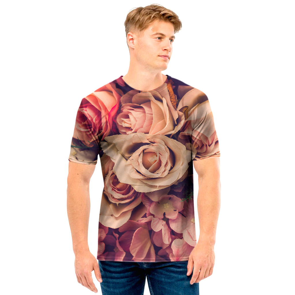 Retro Pink Roses Floral Print Men's T-Shirt