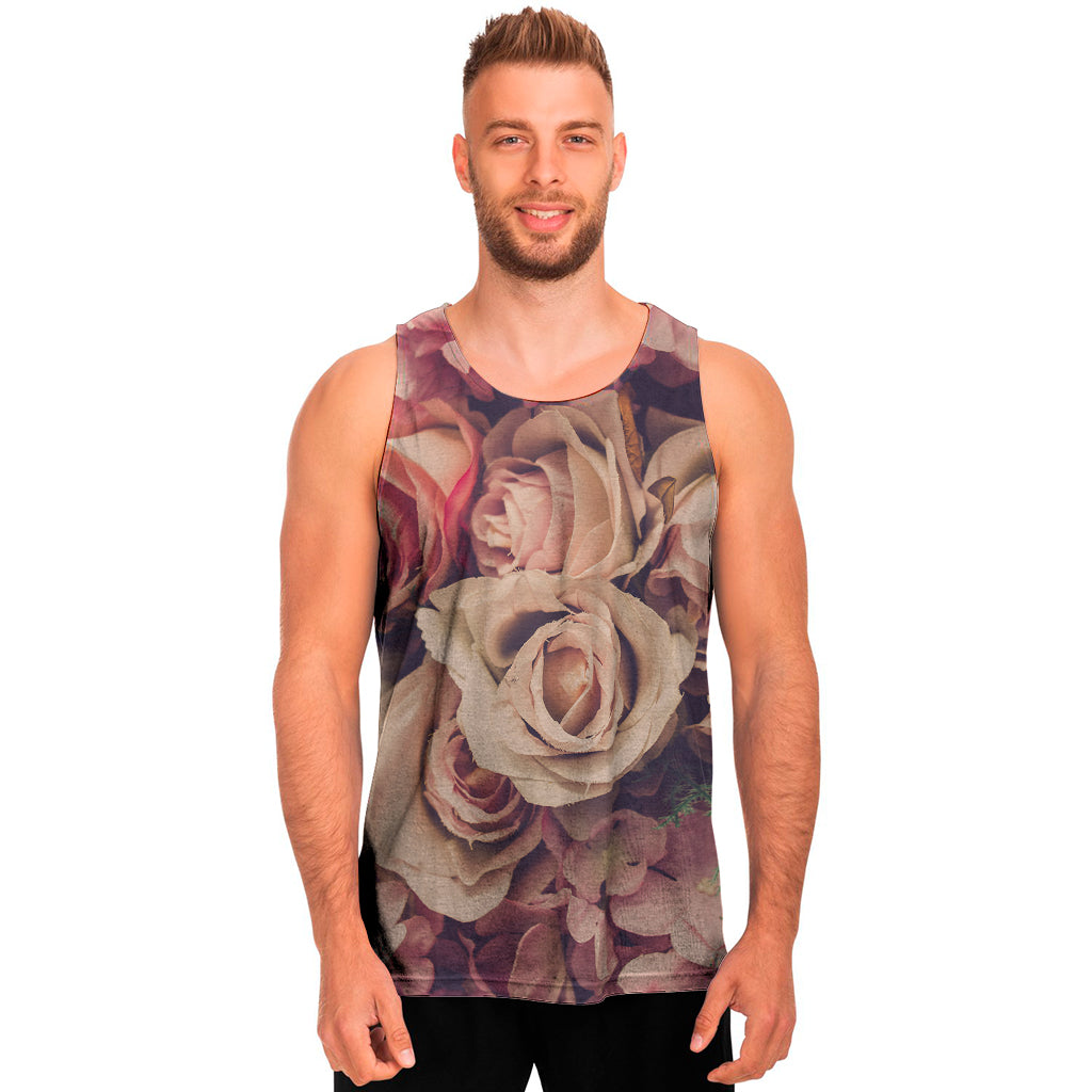 Retro Pink Roses Floral Print Men's Tank Top