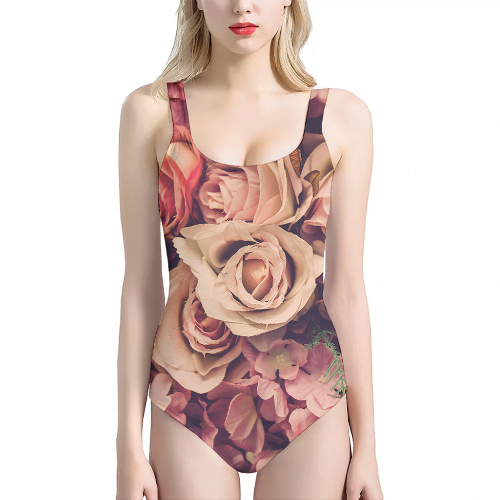 Retro Pink Roses Floral Print One Piece Halter Neck Swimsuit