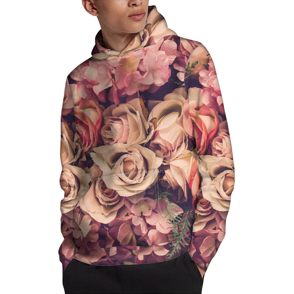 Retro Pink Roses Floral Print Pullover Hoodie