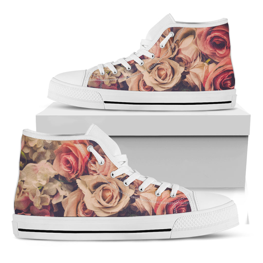 Retro Pink Roses Floral Print White High Top Shoes