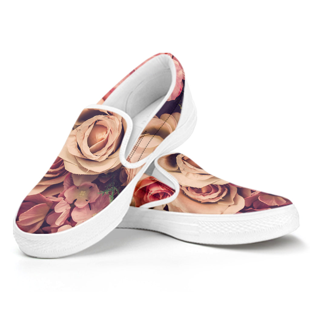 Retro Pink Roses Floral Print White Slip On Shoes