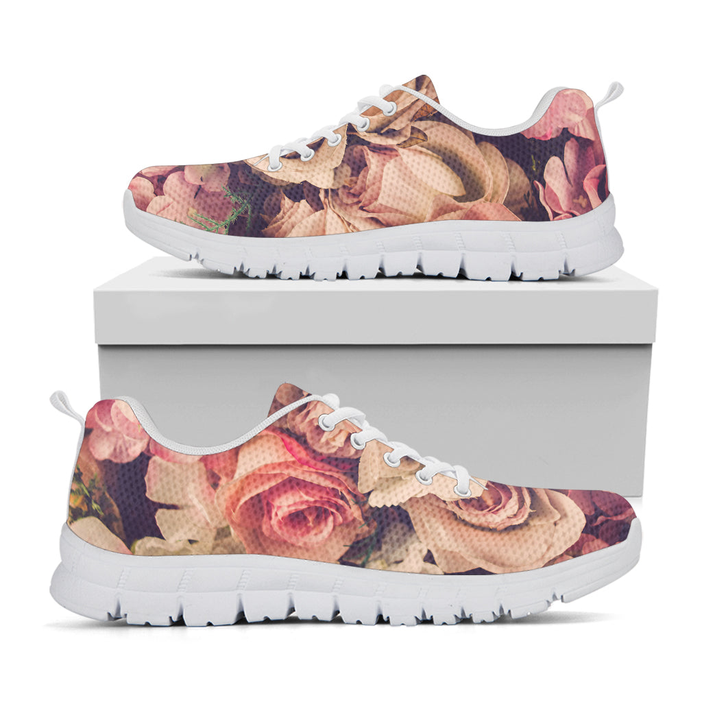 Retro Pink Roses Floral Print White Sneakers