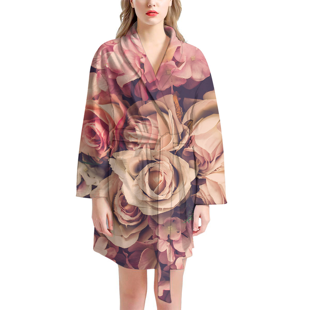 Retro Pink Roses Floral Print Women's Bathrobe