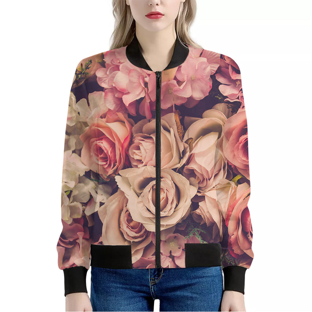 Retro Pink Roses Floral Print Women's Bomber Jacket