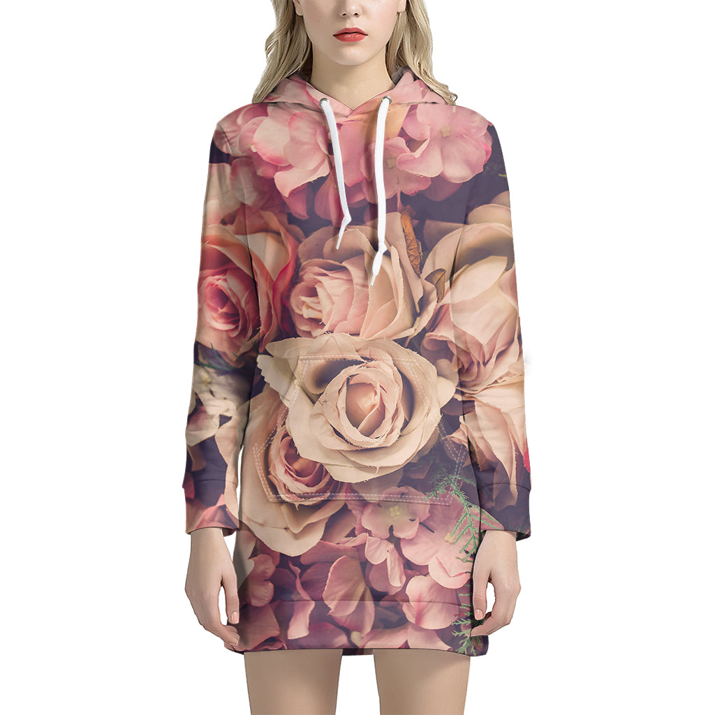 Retro Pink Roses Floral Print Women's Pullover Hoodie Dress