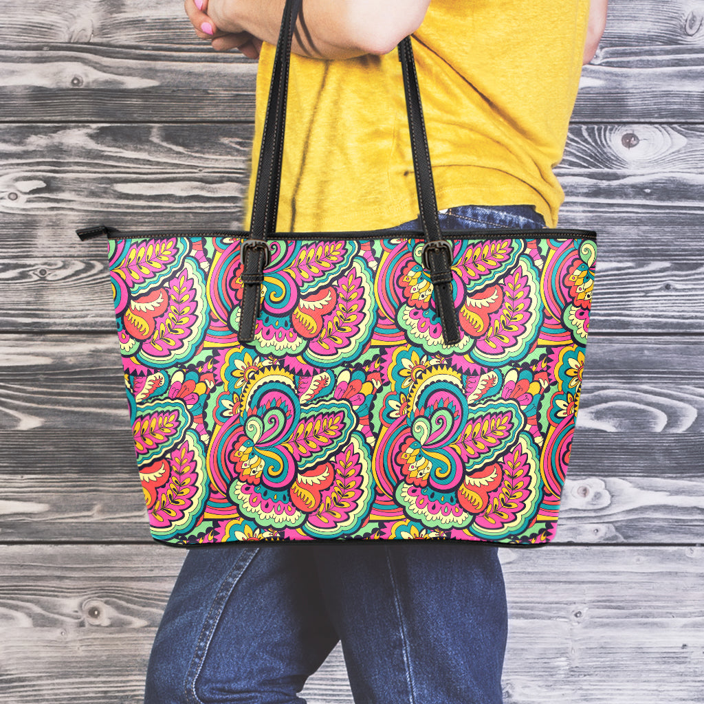 Retro Psychedelic Hippie Pattern Print Leather Tote Bag