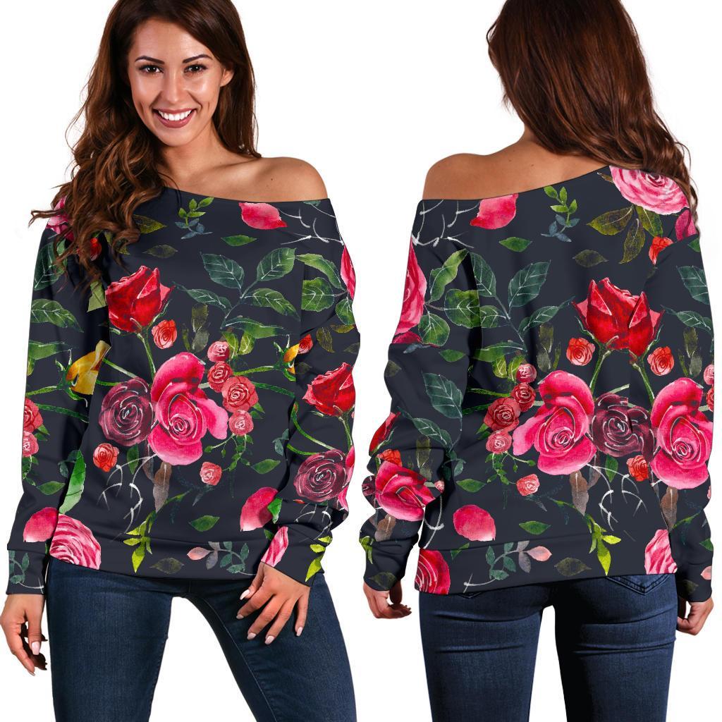 Roses Floral Flower Pattern Print Women's Off-Shoulder Sweatshirt