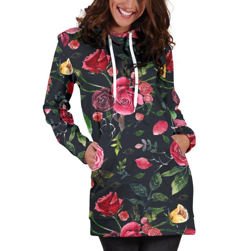 Roses Floral Flower Pattern Print Women's Pullover Hoodie Dress