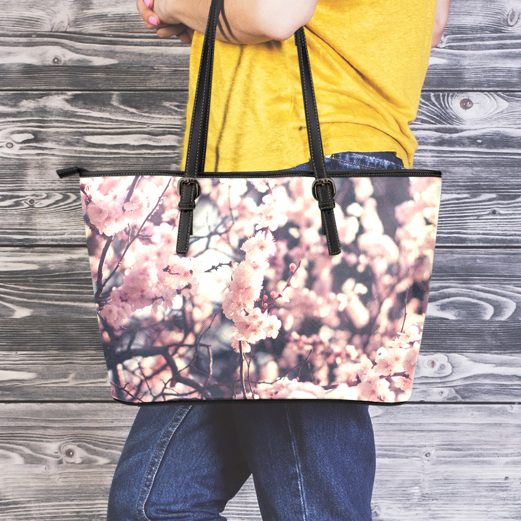 Sakura Cherry Blossom Print Leather Tote Bag