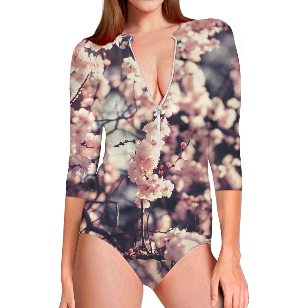 Sakura Cherry Blossom Print Long Sleeve One Piece Swimsuit