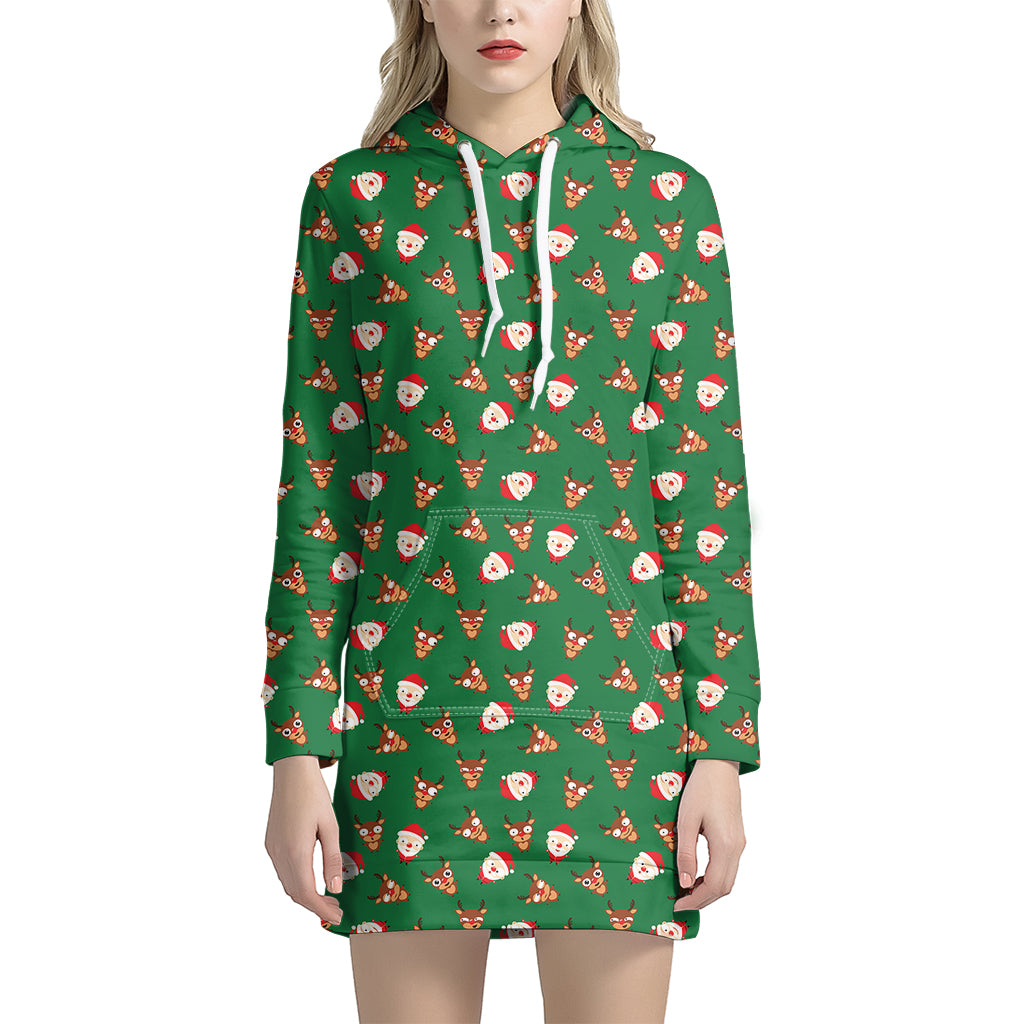 Santa Claus And Reindeer Emoji Print Women's Pullover Hoodie Dress