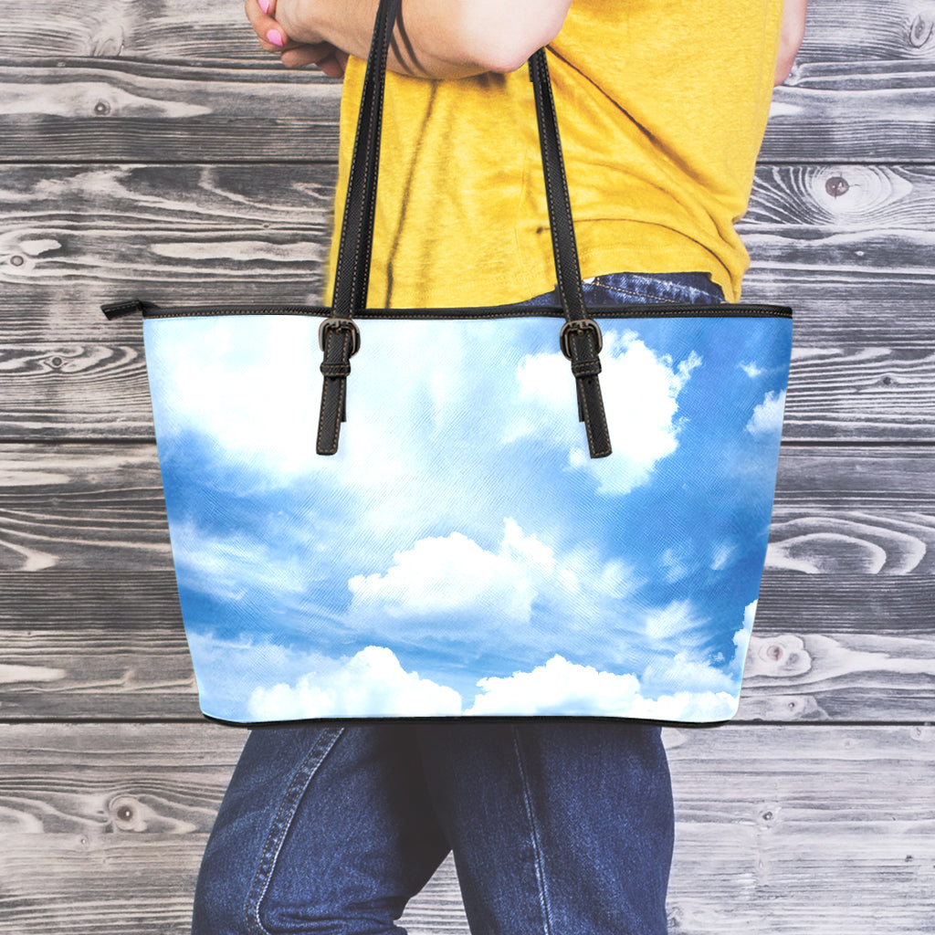 Sky Cloud Print Leather Tote Bag