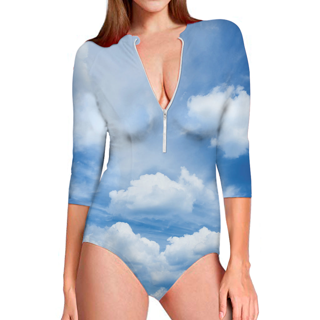 Sky Cloud Print Long Sleeve One Piece Swimsuit