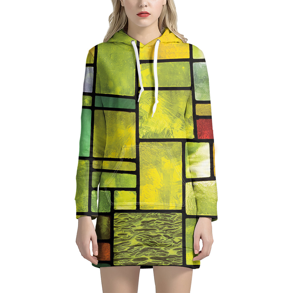 Square Stained Glass Mosaic Print Women's Pullover Hoodie Dress