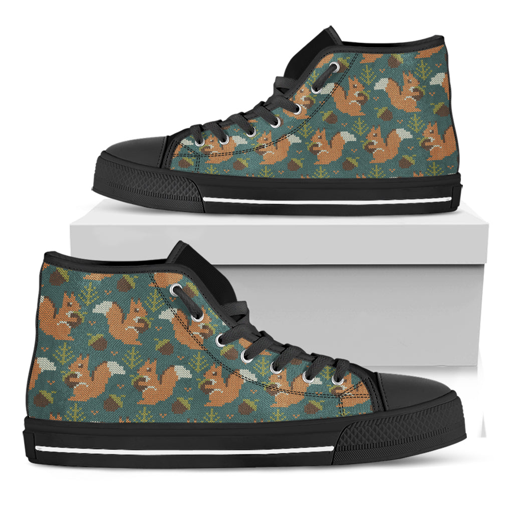 Squirrel Knitted Pattern Print Black High Top Shoes