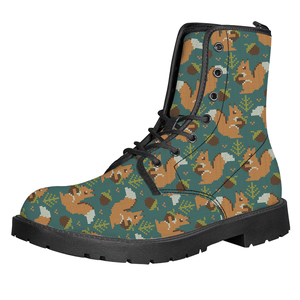 Squirrel Knitted Pattern Print Leather Boots