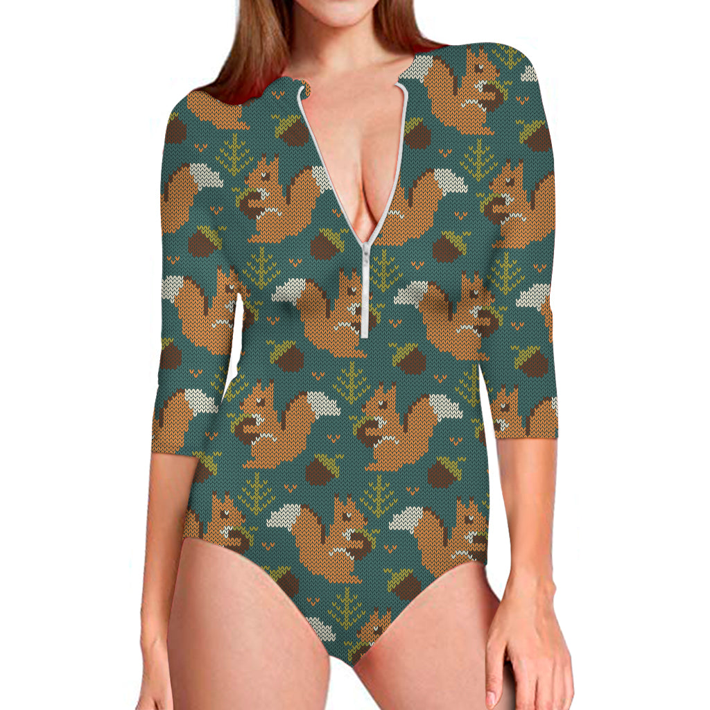 Squirrel Knitted Pattern Print Long Sleeve One Piece Swimsuit