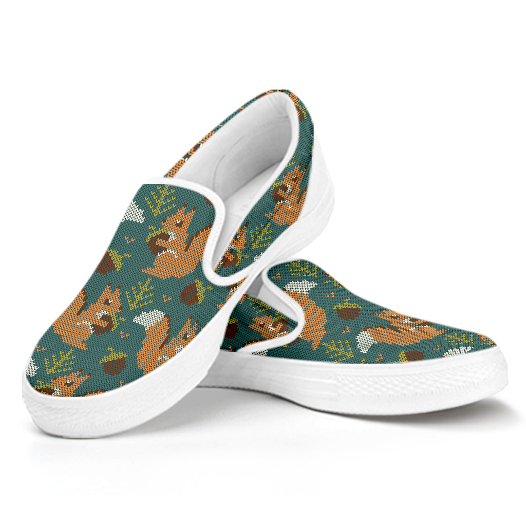 Squirrel Knitted Pattern Print White Slip On Shoes