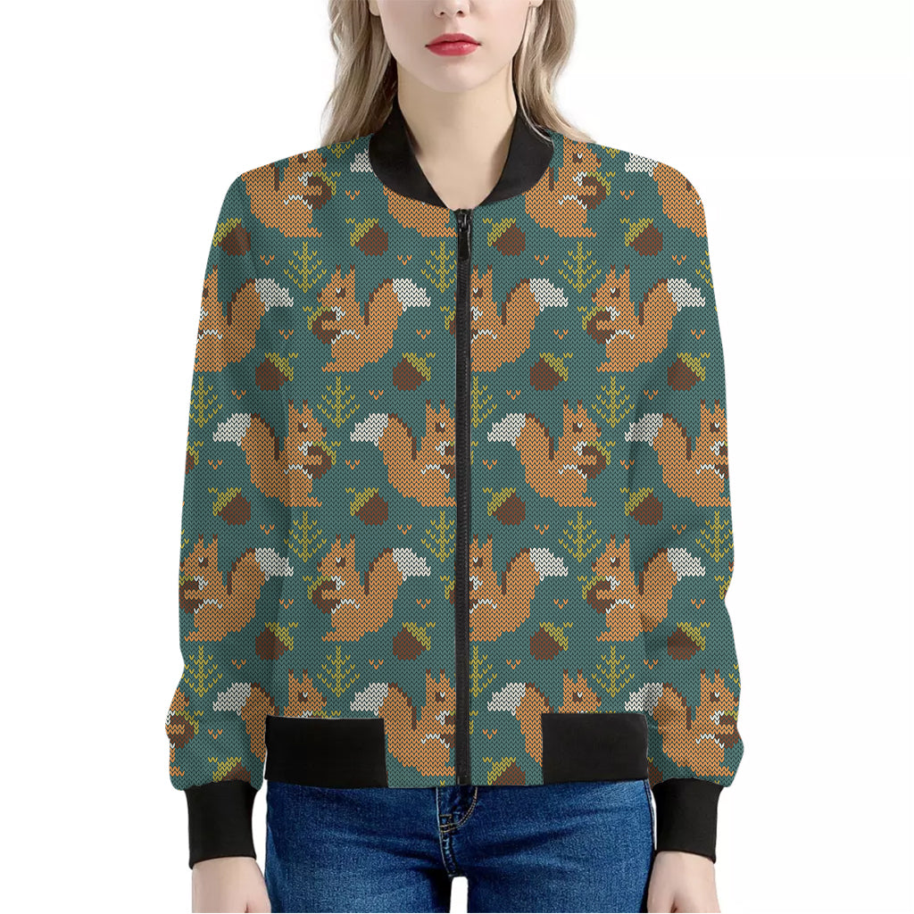 Squirrel Knitted Pattern Print Women's Bomber Jacket