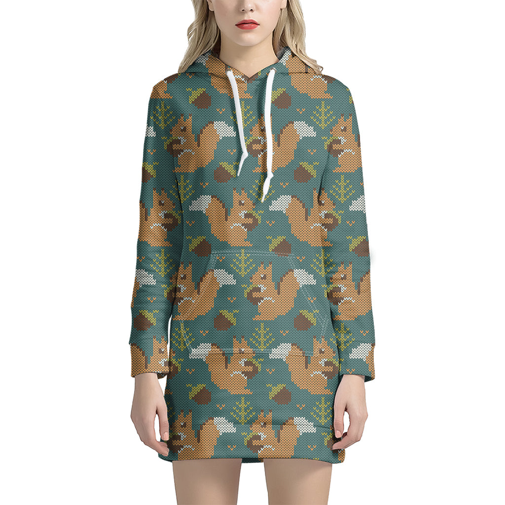 Squirrel Knitted Pattern Print Women's Pullover Hoodie Dress