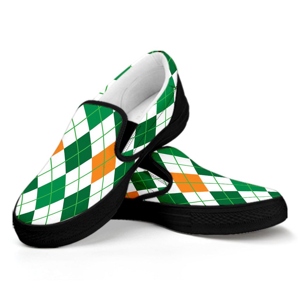 St Patrick's Day Argyle Pattern Print Black Slip On Shoes
