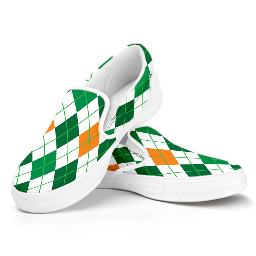 St Patrick's Day Argyle Pattern Print White Slip On Shoes