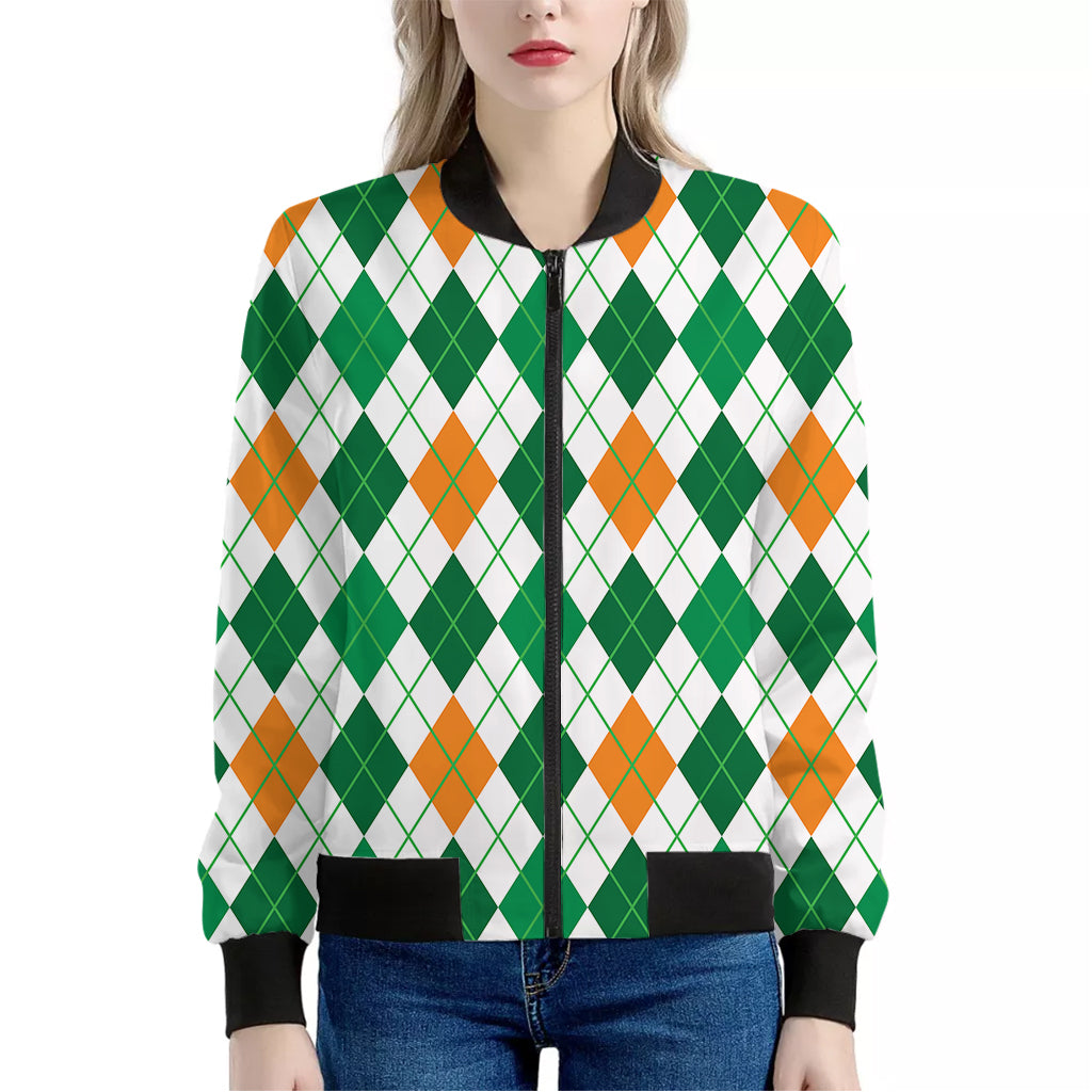 St Patrick's Day Argyle Pattern Print Women's Bomber Jacket