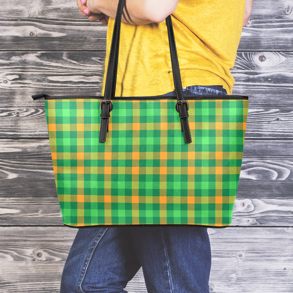 St. Patrick's Day Buffalo Check Print Leather Tote Bag