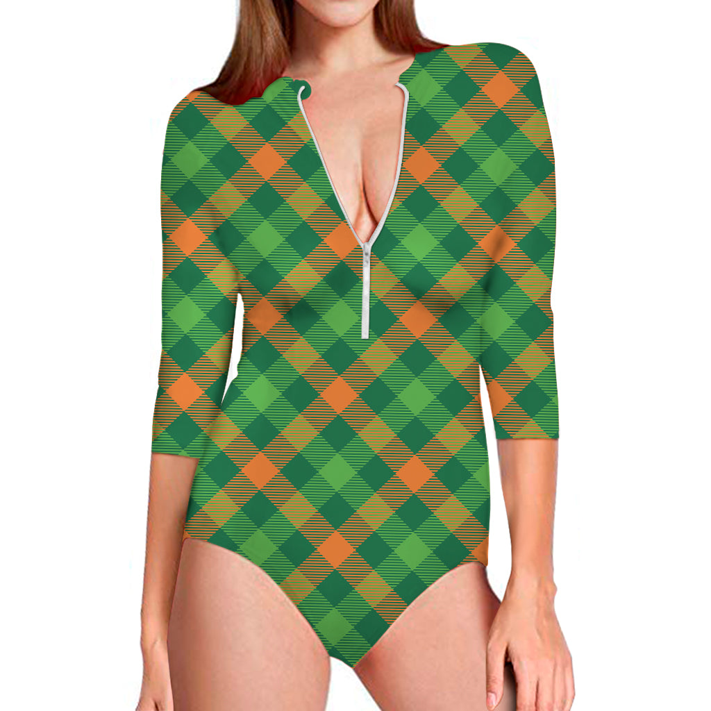 St. Patrick's Day Buffalo Pattern Print Long Sleeve One Piece Swimsuit