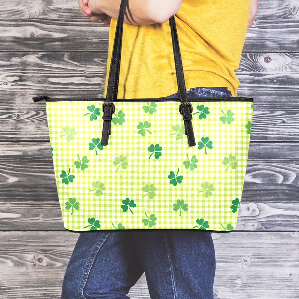 St. Patrick's Day Buffalo Plaid Print Leather Tote Bag