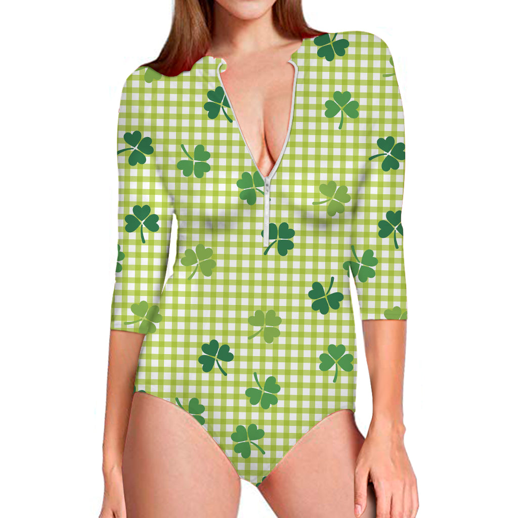 St. Patrick's Day Buffalo Plaid Print Long Sleeve One Piece Swimsuit