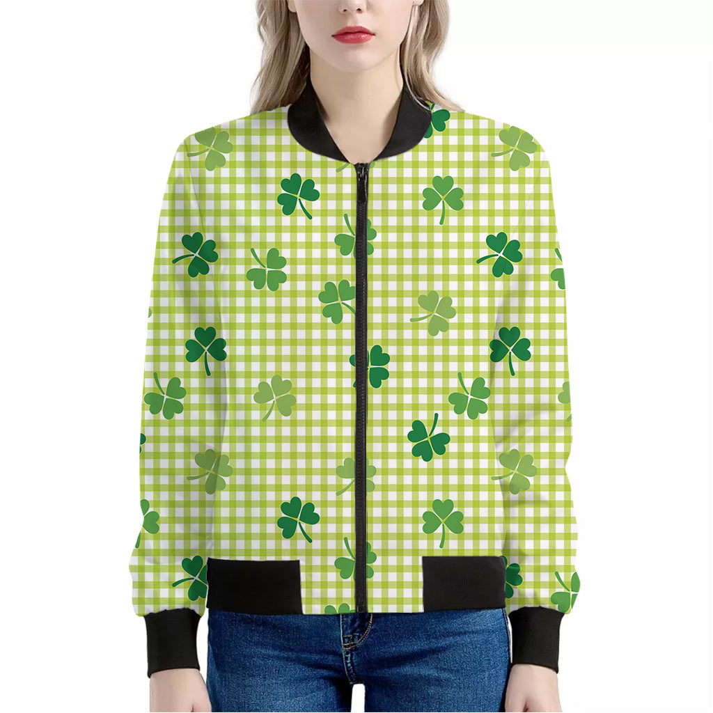 St. Patrick's Day Buffalo Plaid Print Women's Bomber Jacket