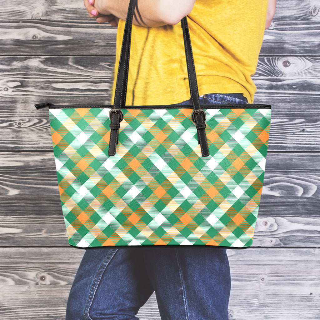 St. Patrick's Day Plaid Pattern Print Leather Tote Bag