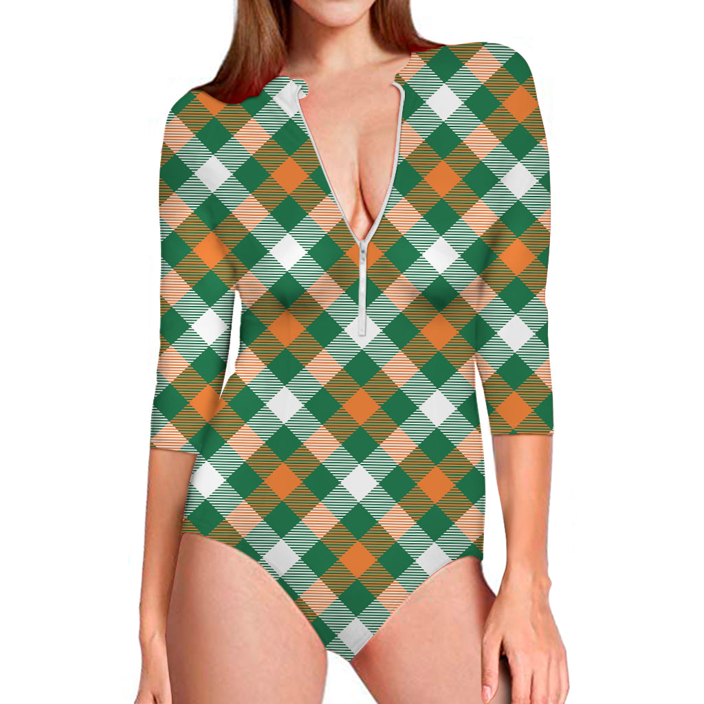 St. Patrick's Day Plaid Pattern Print Long Sleeve One Piece Swimsuit