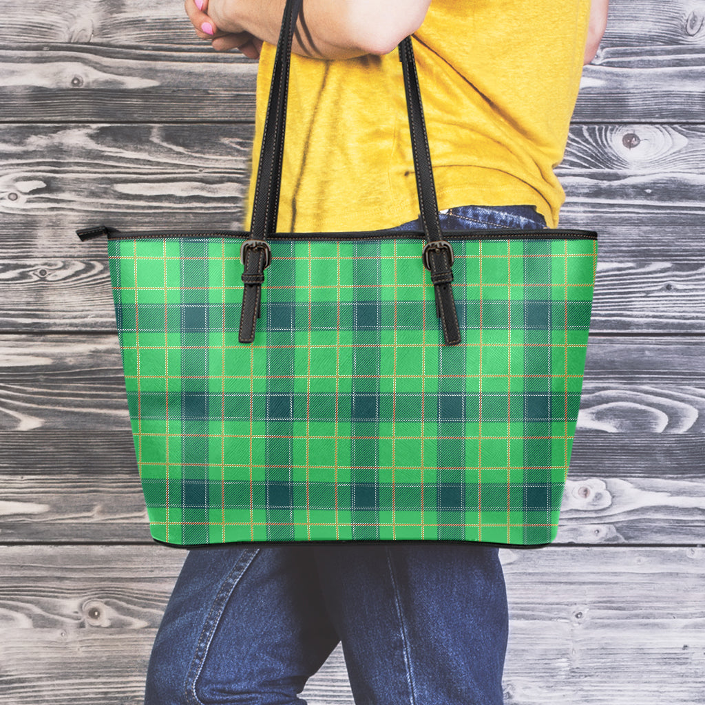 St. Patrick's Day Scottish Plaid Print Leather Tote Bag