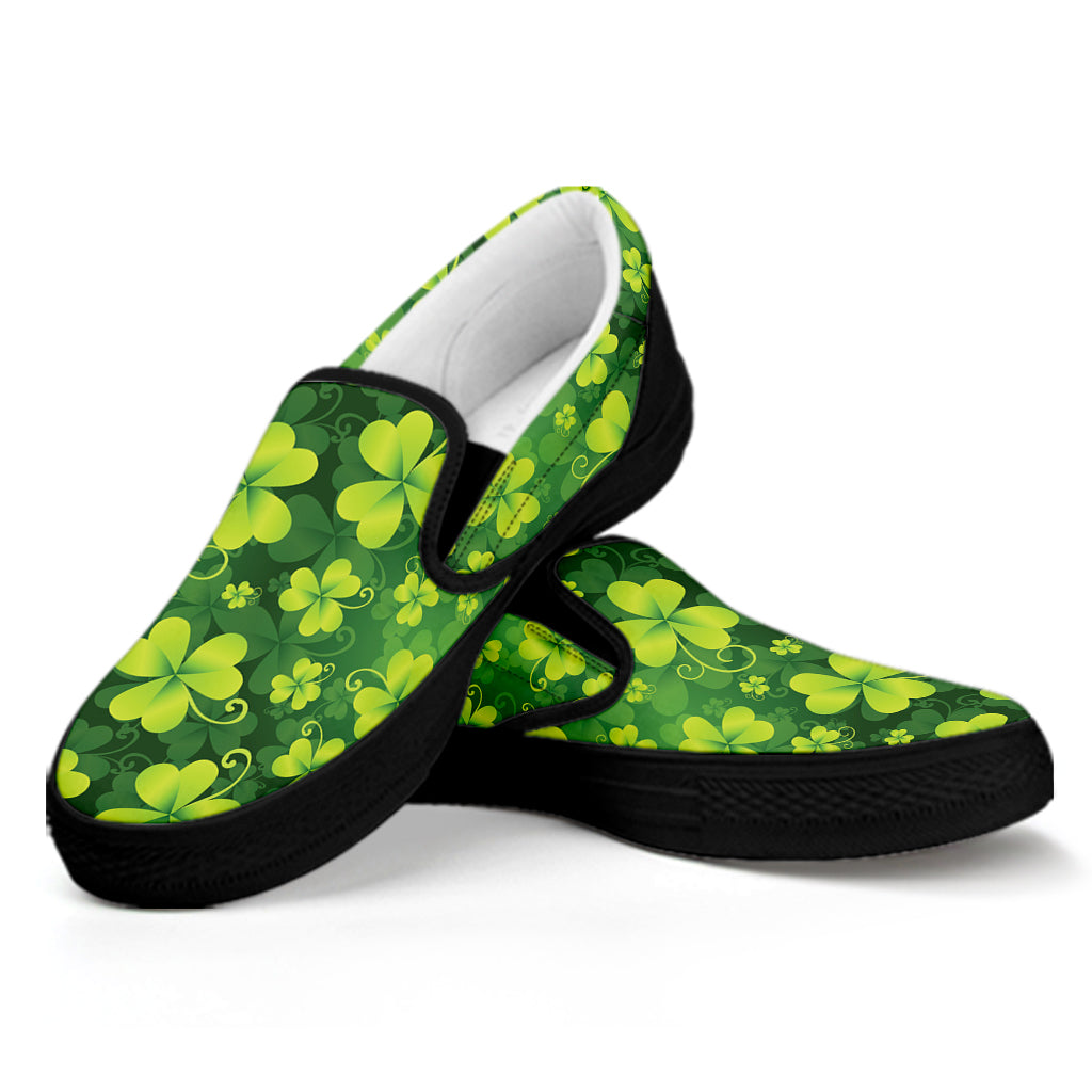 St. Patrick's Day Shamrock Pattern Print Black Slip On Shoes