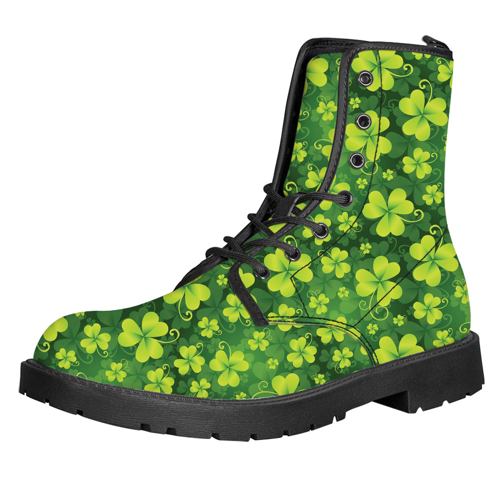 St. Patrick's Day Shamrock Pattern Print Leather Boots